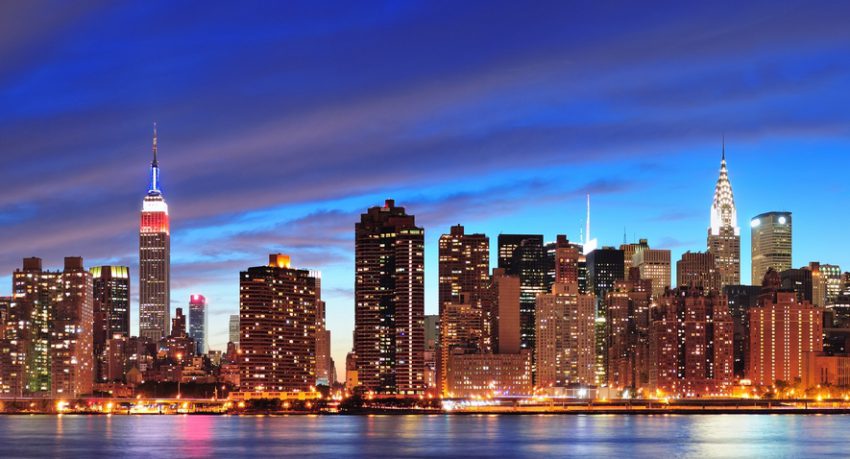 skyline of new york city at dawn