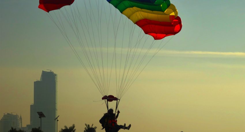 tandem skydiver landing in dubai